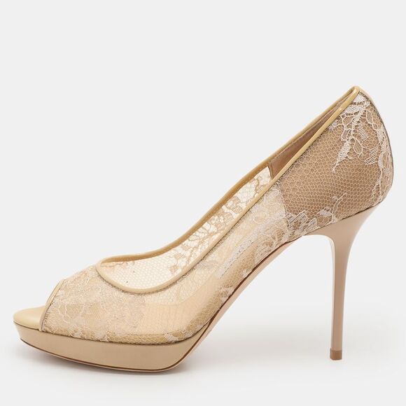 Jimmy Choo Beige Lace Luna Peep Toe Pumps Size 36.5,New Products : American Fashion Style Bags On Sale